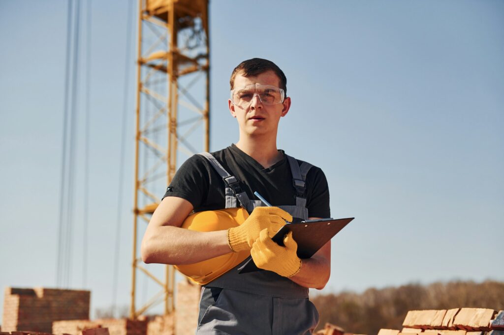 Portrait of construction worker in uniform and safety equipment that stands on rooftop